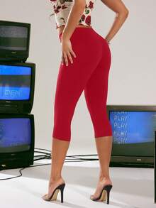 Denimoi Capri High Stretch Form Fitting Leggings Fashionable Capri Pants Everyday Wear - Red - View 2