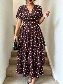 Vionelle Gaun Panjang Elegan Motif Polkadot untuk Wanita Ukuran Plus, Musim Semi/Panas - Coffee Brown - View 5