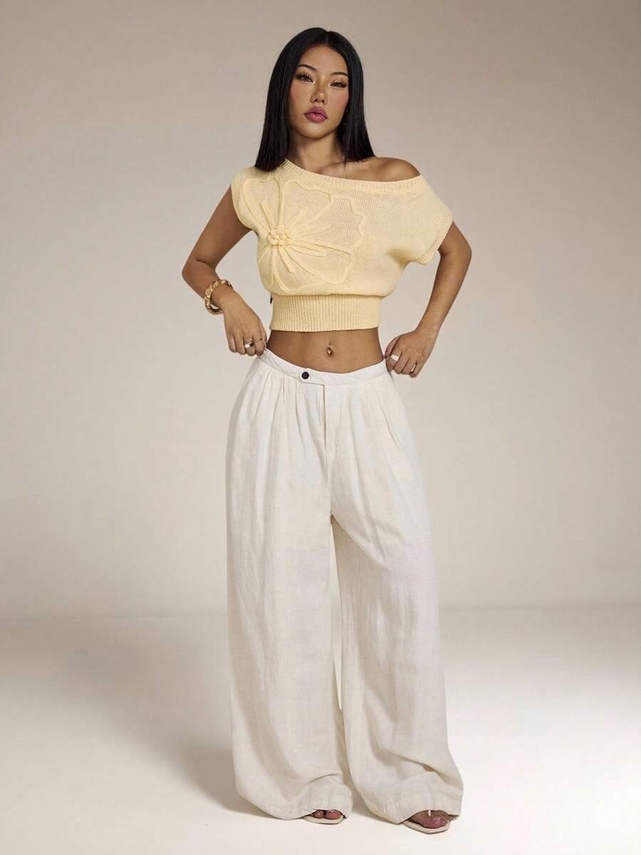SHEIN PETITE Áo dệt kim nữ màu trơn, kiểu dáng lệch vai, thích hợp cho kỳ nghỉ hè, nghỉ xuân, dự tiệc, đi biển, mùa xuân, ngày Valentine, kỳ nghỉ nhiệt đới, trang phục Bohemian, trang phục Ibiza, phong cách phương Tây. - Màu vàng - Xem 1