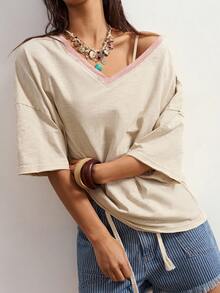 Bohemela Women's Summer Casual Vintage Vacation Basic Versatile Beige 100 Cotton Knit Round Neck Short Sleeve Loose T-Shirt With Lace Applique Letter Detailing - Multicolor - View 2