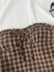 SHEIN Bộ 2 món áo camisole dệt jacquard vân nổi phối gấu bèo và chân váy skort dáng chữ A xếp tầng cho bé gái tuổi teen, trang phục thường ngày phong cách vintage đi chơi và du lịch mùa xuân hè - Màu Khaki - Xem 6