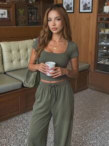SHEIN Teen Girls Casual Minimalist Olive Green Square Neck Ruched Waist Short Sleeve T-Shirt And Wide Leg Pants Co-Ord Set - Olive Green - View 9