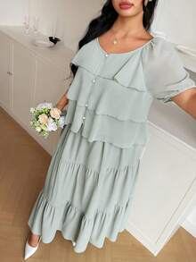 Modelyn Plus Size 2 Pieces Set: Chiffon Top And Woven Skirt, Suitable For Everyday Wear And Gatherings In Spring/Summer - Green - View 10