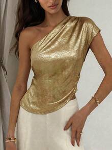 Aloruh Women's Fashionable Commuter Asymmetric Collar Metal Blouse, Summer,Summer Top - Gold - View 7