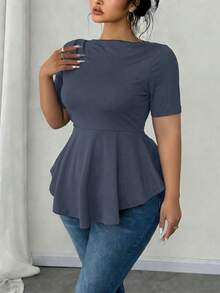 Elenzga Plus Size Women's Sexy Short Sleeve Casual/Office/Home/Outing Asymmetrical Hem Waist Fitted T-Shirt, Spring/Summer - Dusty Blue - View 3