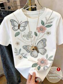 Resyla Camiseta de manga corta con cuello redondo, talla grande, con estampado de perlas y bordado falso en color blanco - Blanco - Ver 3