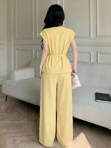 Celisse V-Neck Wrap Tie Waist Asymmetric Shoulder Top + Matching Elastic Waist Pocket Pleated Wide Leg Pants Women's 2 Pieces Set - Yellow - View 2