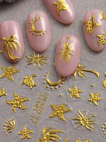 1PC New 3D 5D Embossed Nail Art Stickers Summer Vintage Gold Foil Coconut Palm Tree Turtle Starfish Raised Pattern Self Adhesive Nail Decal For DIY Manicure For Adults - Multicolor - View 5
