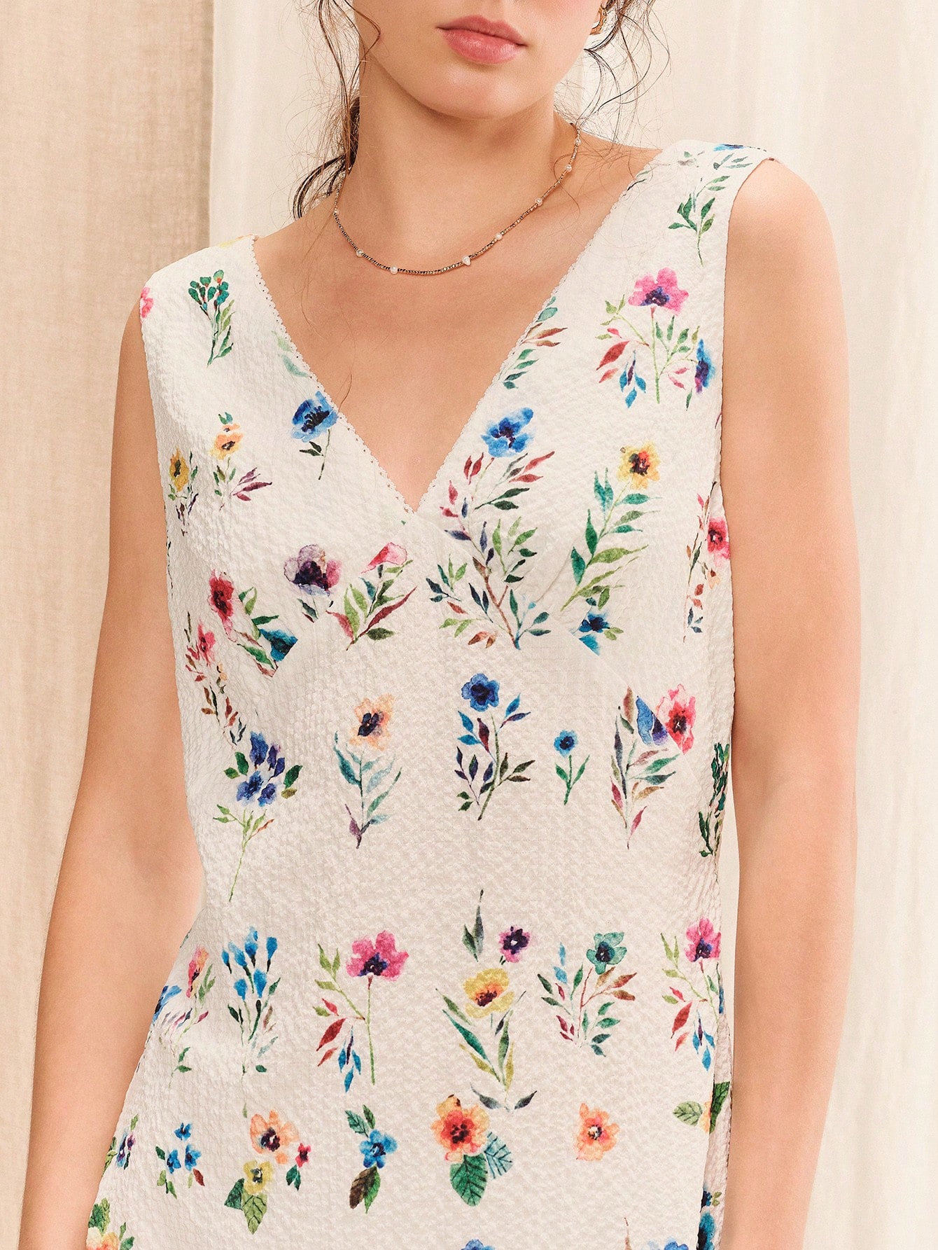 White A-Line V-Neck Mini Dress With Multicolor Floral Print And Lace Trim Summer Holiday Casual