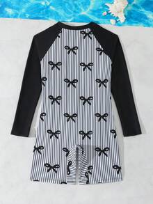 SHEIN 青少年女孩一件式泳衣 可愛條紋蝴蝶結針織面料長袖拉鍊一件式短褲 時尚休閒優雅華麗淑女 適合游泳 適合夏季度假 夏季海灘海邊泳池 游泳池 夏季假期派對 休閒度假 - 黑與白 - 查看 4