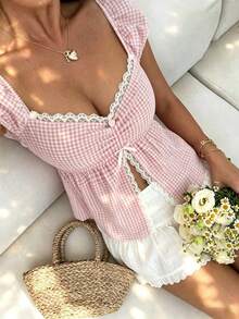Sunnyshic Camisa Casual de Férias Feminina com Busto Franzido, Estampa Xadrez e Bainha com Fenda Lateral - Rosa chiclete - Visão 1