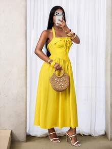 BamGleam Vestido de princesa con cordón ajustable y fruncido tipo halter para mujer de vacaciones - Amarillo - Ver 5