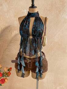 Soleia Women's Summer Sexy Beach Vacation Style Paisley Print Metal Decor Backless Tie Halter Top - Coffee Brown - View 3