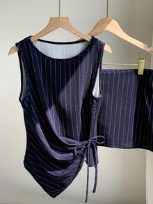 Comfortcana Women's Summer Commuter Elegant Navy Blue And White Tie-Up Asymmetric Hem Camisole And Mini Skirt 2 Pieces Set Office - Navy Blue - View 6