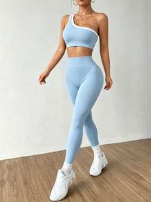 SHEIN Dewbera Seamless One-Shoulder Yoga Tank Top & Butt-Lifting High-Elasticity Women's Sports Set - Baby Blue - View 4