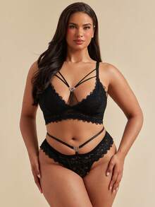 SHEIN BAE CURVE 大码蕾丝无钢圈内衣套装，性感又贴身 - 黑色 - 查看 4