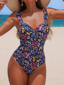 Swim Lushoire 女款花卉印花抓皺連身泳衣，適合海灘度假、泳池派對、海灘派對 - 彩色 - 查看 4