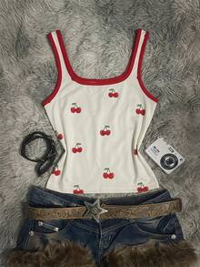 Elladie kids Tween Girls Cherry Print Contrast Color Sleeveless Tank Top - White - View 2