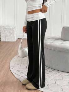 SHEIN Pantalones casuales de punto con bloques de color para adolescentes - Blanco y Negro - Ver 2