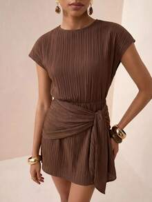 Zivah Women's Solid Color Pleated Casual Party Short Dress - Brown - View 4