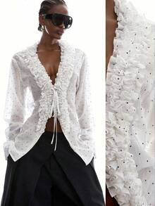 LYSMO Women's Fashionable Sexy Polka Dot Print Ruffle Hem Blouse, White - White - View 1