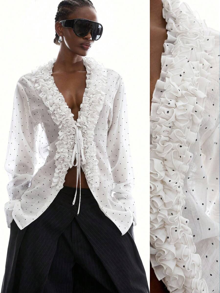 LYSMO Women's Fashionable Sexy Polka Dot Print Ruffle Hem Blouse, White - White - View 1