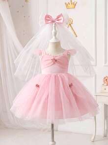 SHEIN Glamorique Kids 女嬰公主洋裝，細肩帶荷葉袖，粉色薄紗裙，3D花朵，派對穿搭，舞會禮服，畢業禮服，夏季洋裝 - 粉色 - 查看 1