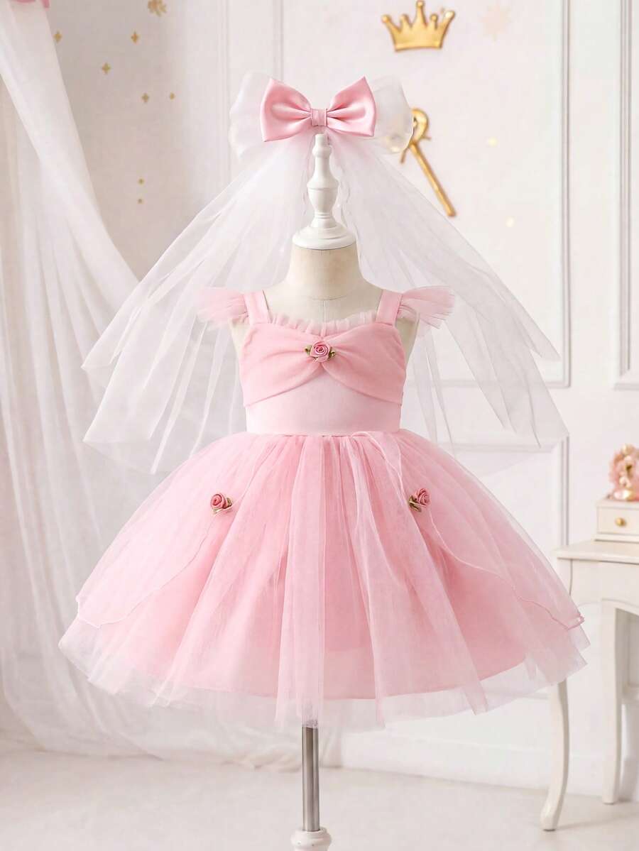 SHEIN Glamorique Kids 女嬰公主洋裝,細肩帶荷葉袖,粉色薄紗裙,3D花朵,派對穿搭,舞會禮服,畢業禮服,夏季洋裝 - 粉色 - 查看 1