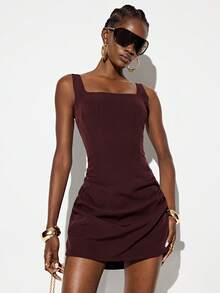 Aveloria GENKIRA Women's Solid Color Spaghetti Strap Pleated Hem Drawstring Back Design Commuter Short Dress - Brown - View 4