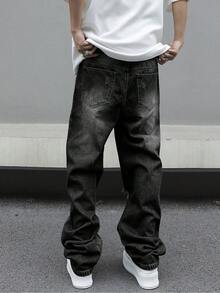 Manfinity EMRG Men's Casual Distressed Loose Fit Slant Pocket Denim Jeans, Autumn Romwe Men Emo Ripped Baggy Manfinity Legnd Cotton Splash Ink Drip - Dark Grey - View 2
