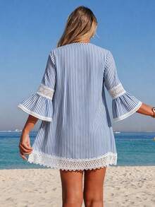Swim Vcay Women's V-Neck Striped Casual Vacation Beach Cover-Up Dress - Baby Blue - View 2