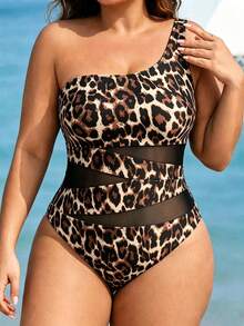 Swim Lushoire Plus Size Summer Vacation Beach Vacation Sexy Leopard Print Contrast Mesh One Shoulder One-Piece Swimsuit Beige - Multicolor - View 1