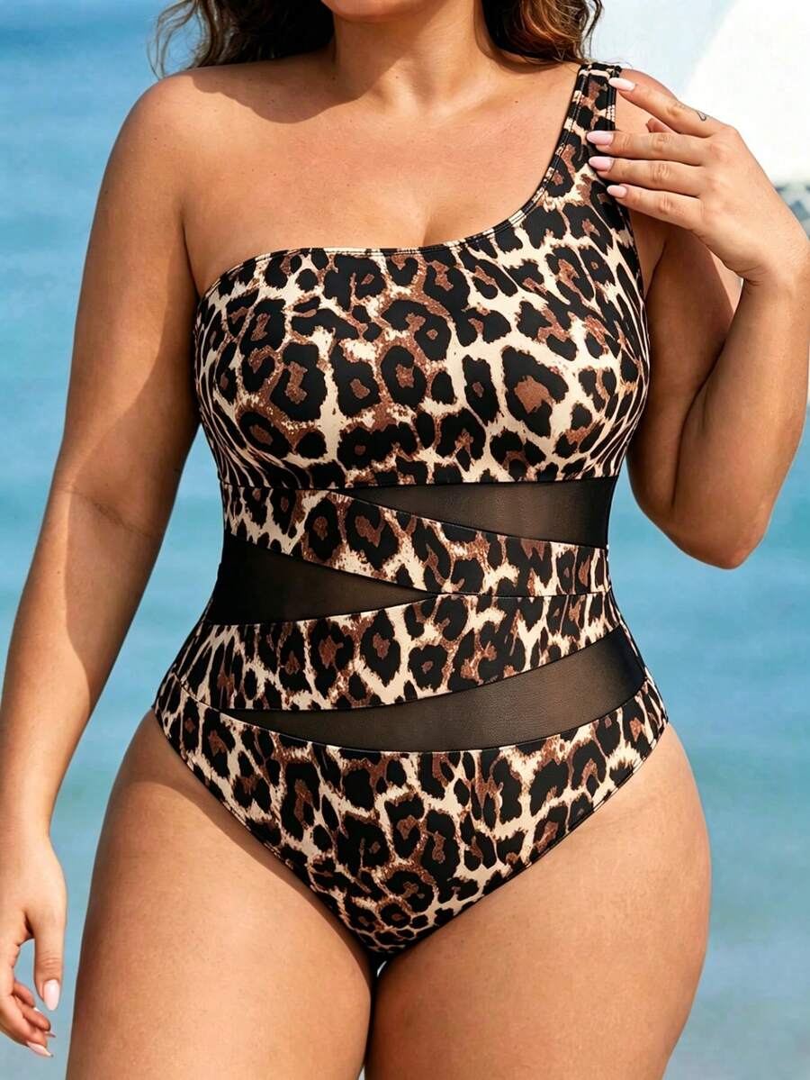 Swim Lushoire Plus Size Summer Vacation Beach Vacation Sexy Leopard Print Contrast Mesh One Shoulder One-Piece Swimsuit Beige - Multicolor - View 1