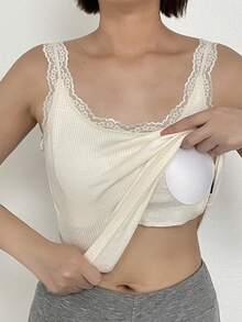DAZY Camiseta sin mangas ajustada con parches de encaje acanalado y busto acolchado, blanco, top de capa para mujer en primavera/verano - Blanco - Ver 5