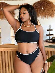 Slaydiva Conjunto de Traje de Baño de 2 Piezas Talla Grande 2026 Nuevo, Atuendo de Vacaciones de Verano en la Playa para Mujeres - Negro - Ver 5