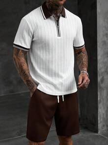Manfinity CasualCool Men's Striped Short Sleeve Polo Shirt And Shorts Casual Suit - White - View 5