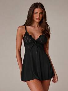 SHEIN BAE 2pcs Set Sexy Lace & Mesh Backless A-Line Dress, Wine Red Color - Black - View 7