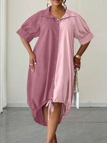 Maweii Vestido de Talla Grande con Diseño de Bloques de Color, Bajo con Cordón, Cuello Solapa y Mangas Linterna - Rosa - Ver 3