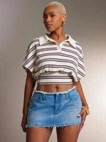 Denimoi Cinched Waist Collared Striped Polo Top Fashionable Tops Collared Top - Purple - View 5