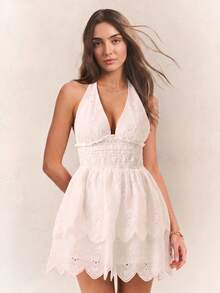 Willow Rêve White Lace Ruffle Waist Spaghetti Strap Mini Dress - White - View 5