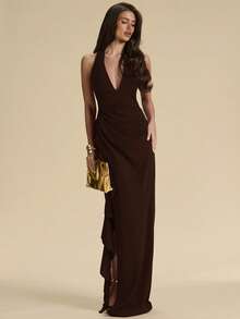 SHEIN BAE Spring & Summer Bridesmaid Dress, Deep V-Neck Halter Sexy Ruffle High Slit Ruffled Wrap Long Red Dress For Women, Elegant Ruffled Maxi V-Neck Dress For Women - Coffee Brown - View 7
