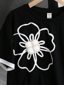 SHEIN Teen Girl Teen Girls T-Shirts Floral Print Crew Neck Short Sleeve Casual Versatile - Black - View 5