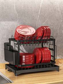 Dish Drying Rack: 2 Tier Carbon Steel Dish Rack For Kitchen Counter,Dish Racks For Kitchen Counter And Sink - Large Dish Drying Rack With Drainboard & Utensil Holders - Stainless Steel Dish Drainers Home Essentials Kitchen Organization And Storage Kitchen Accessories - Black - View 6