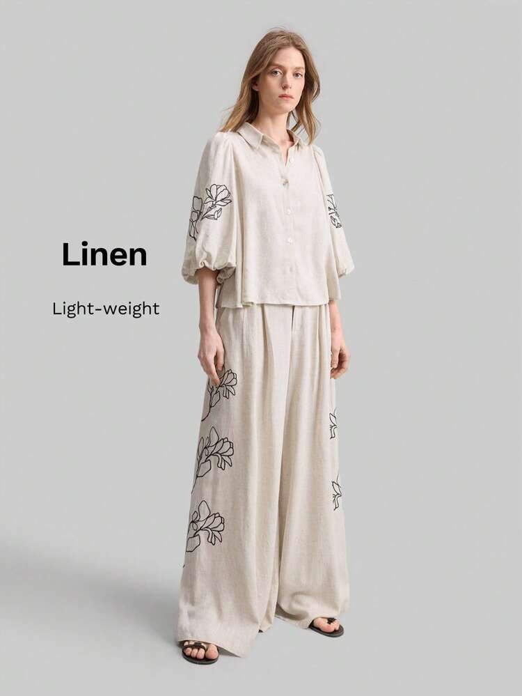 Ontre 2026春夏女款兩件套，杏色修身花卉印花燈籠袖襯衫與口袋寬腿褲，休閒都市極簡時尚，適合海灘、生日派對、教師節、島嶼度假、日、畢業典禮、辦公室，附刺繡設計 - 卡其色 - 查看 4