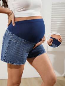 SHEIN Maternity Summer Casual Denim Shorts - Dark Wash - View 1