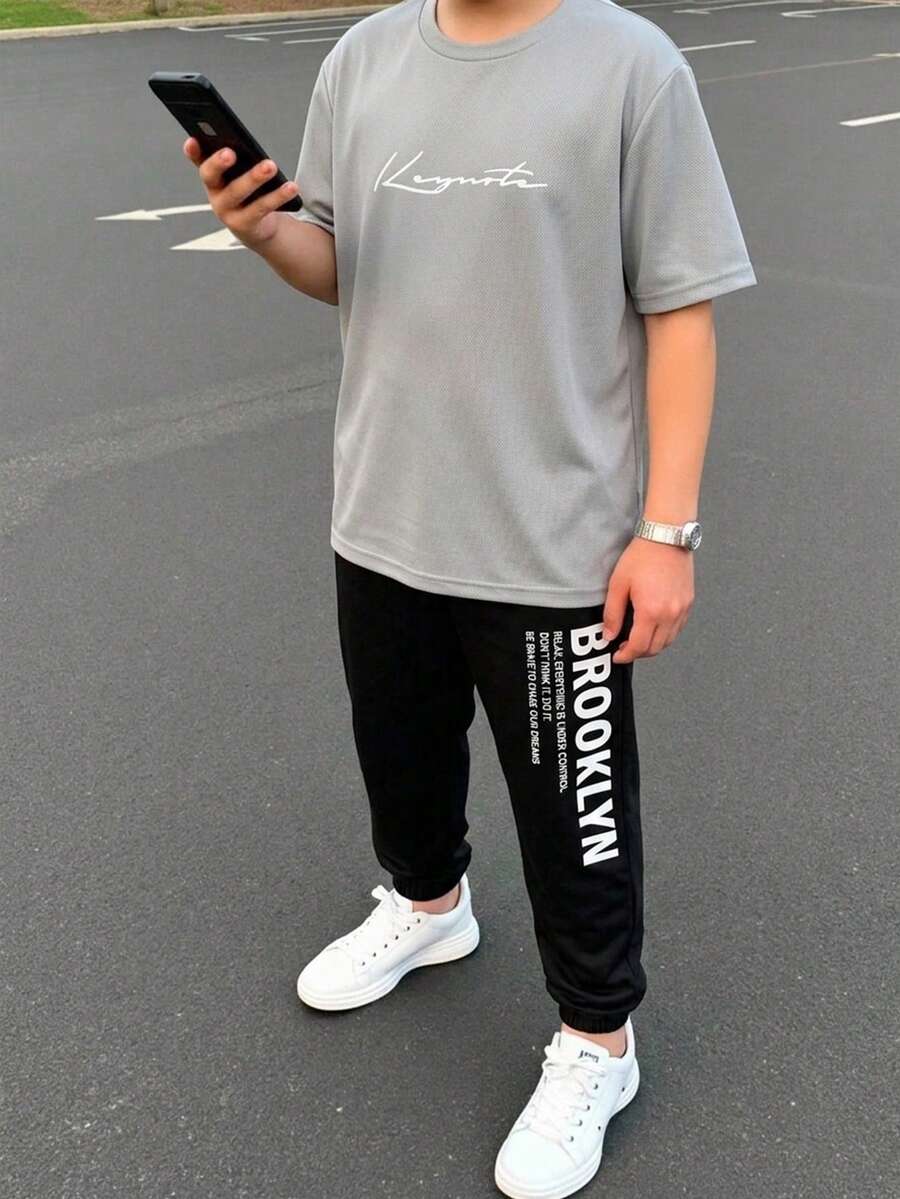 SHEIN 青少年男孩 2件/套 休閒字母印花圓領套頭衫套裝，適合夏季、運動、跑步、戶外，適用於春季/夏季、日常穿著、外出、學校、派對、節日、拍照