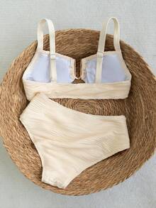 Swim Chiccia 2026春夏棕色粗肩带可调节后背金色U型装饰高腰荷叶边设计女士优雅比基尼泳装两件套比基尼套装女士高腰沙滩装两件套女士两件套沙滩装夏季泳装Zestiva泳装斑马纹比基尼套装两件套女士沙滩装 - 杏色 - 查看 2