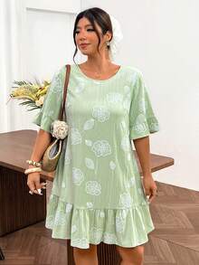 Lounesse Plus Size Women Casual Cute Floral Print Dress With Bow Tie Back Design Vacation Light Green Summer - Multicolor - View 8