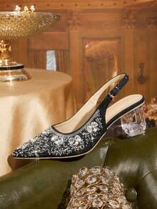 CUCCOO TILAWA Women's Crystal Heel Glass Rhinestone Pointed Toe Blue High Heel Pumps, Suitable For Outings, Banquets, Parties And Other Events - Black - View 6