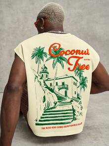 PAVTROS Men's Summer Vacation Coconut Tree & Letter Pattern Round Neck Tank Top, Holiday - Yellow - View 7